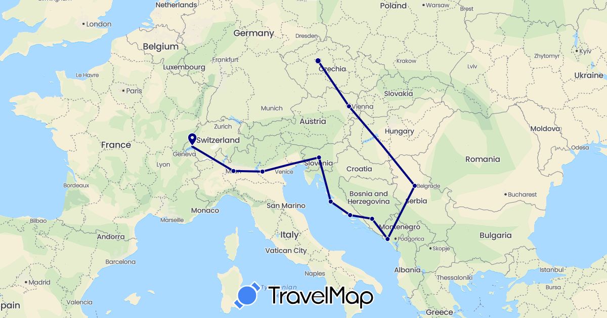 TravelMap itinerary: driving in Austria, Bosnia and Herzegovina, Switzerland, Czech Republic, Croatia, Italy, Montenegro, Serbia, Slovenia (Europe)